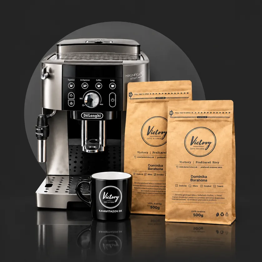 Kávovar DeLonghi, zrnková káva Victory a hrnček Káva Víťazov